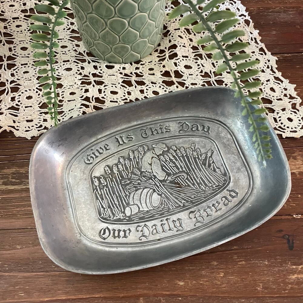 Vintage "Give Us This Day Our Daily Bread" Pewter Bread Tray Duratale by Leonard